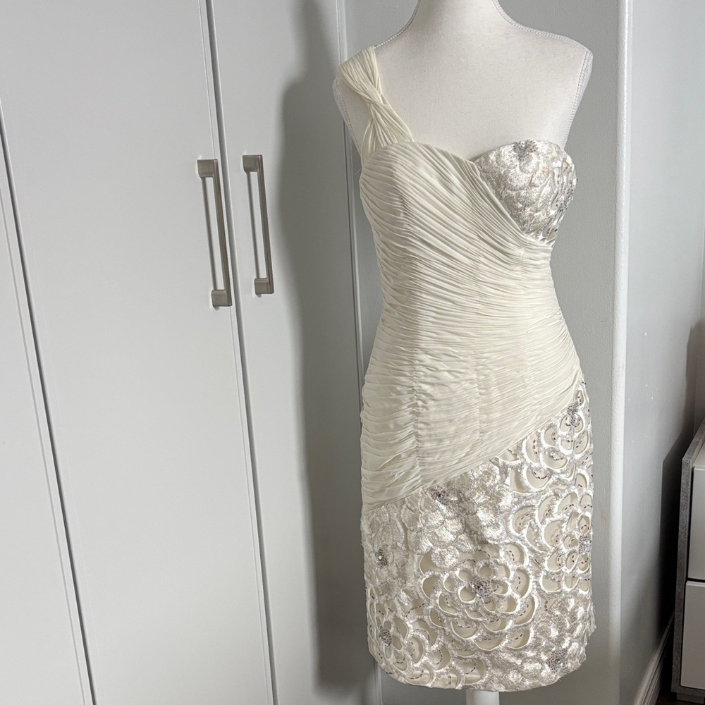 Elegant Ivory Sue Wong One-Shoulder Dress